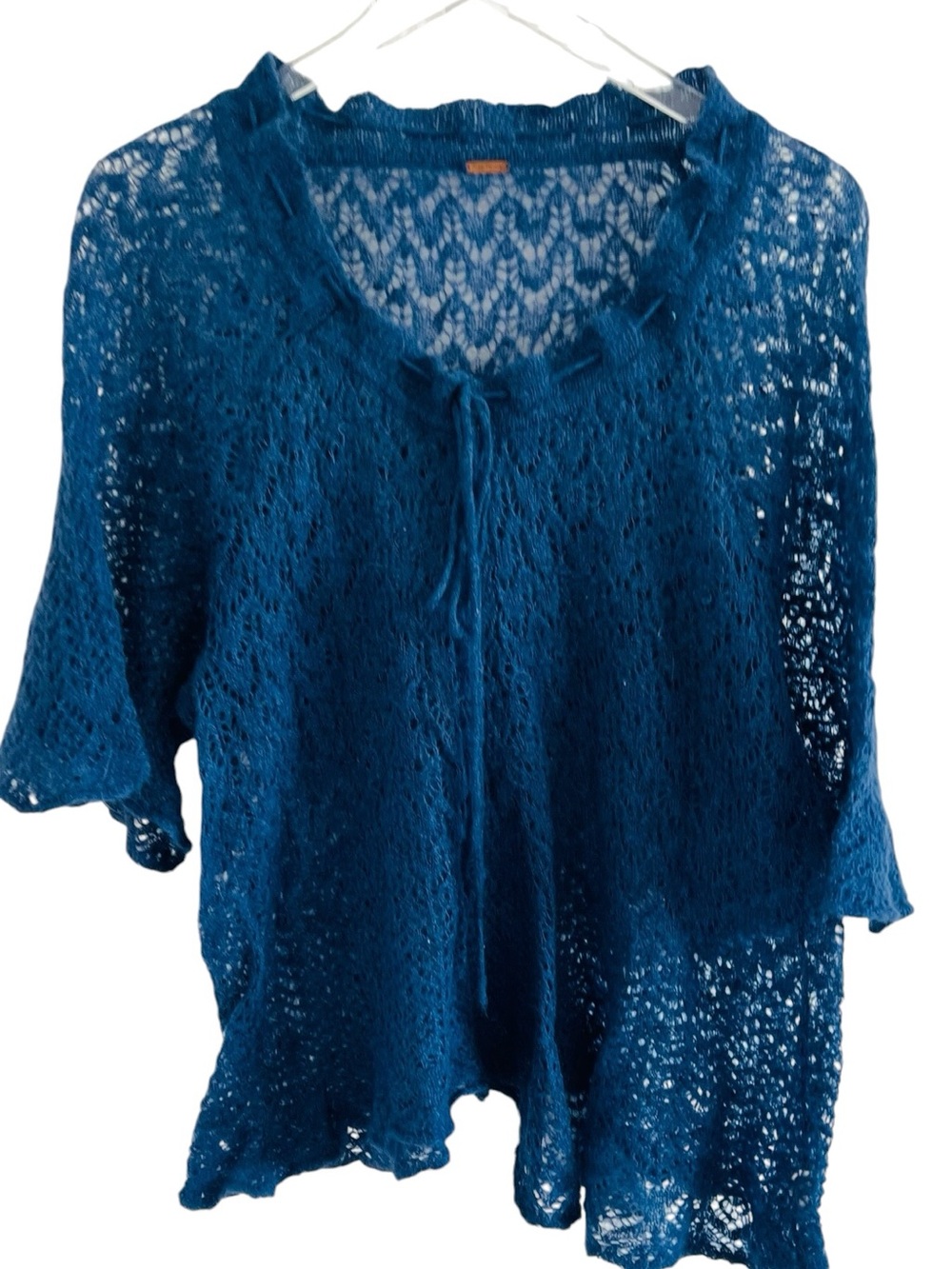 Free People Pullover Knit Teal Lace with Tie Front Top